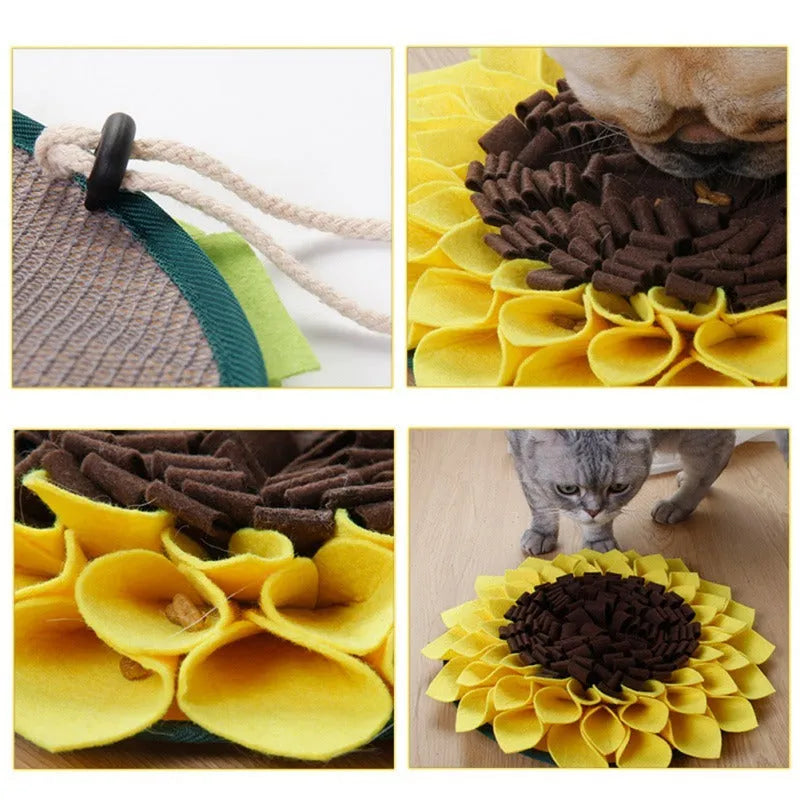 Yellow sunflower-shaped dog snuffle mat measuring 37.5cm with rope and buckle anti-slip design