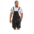 Men's ripped blue denim shorts with attached suspenders on a mid waist, straight-leg design.