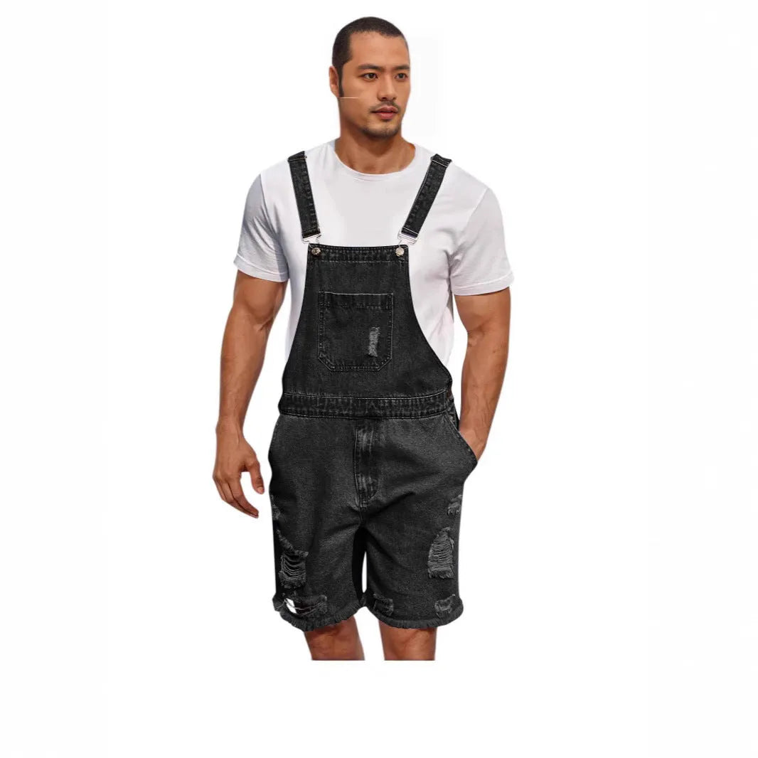 Men's ripped blue denim shorts with attached suspenders on a mid waist, straight-leg design.