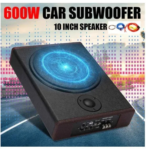8-inch 12V 600W car audio subwoofer with ultra-thin wooden enclosure and PU leather finish