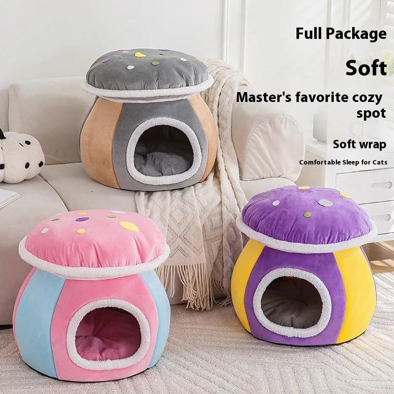 Grey mushroom-shaped cat bed with soft plush interior, shown with a cat inside.