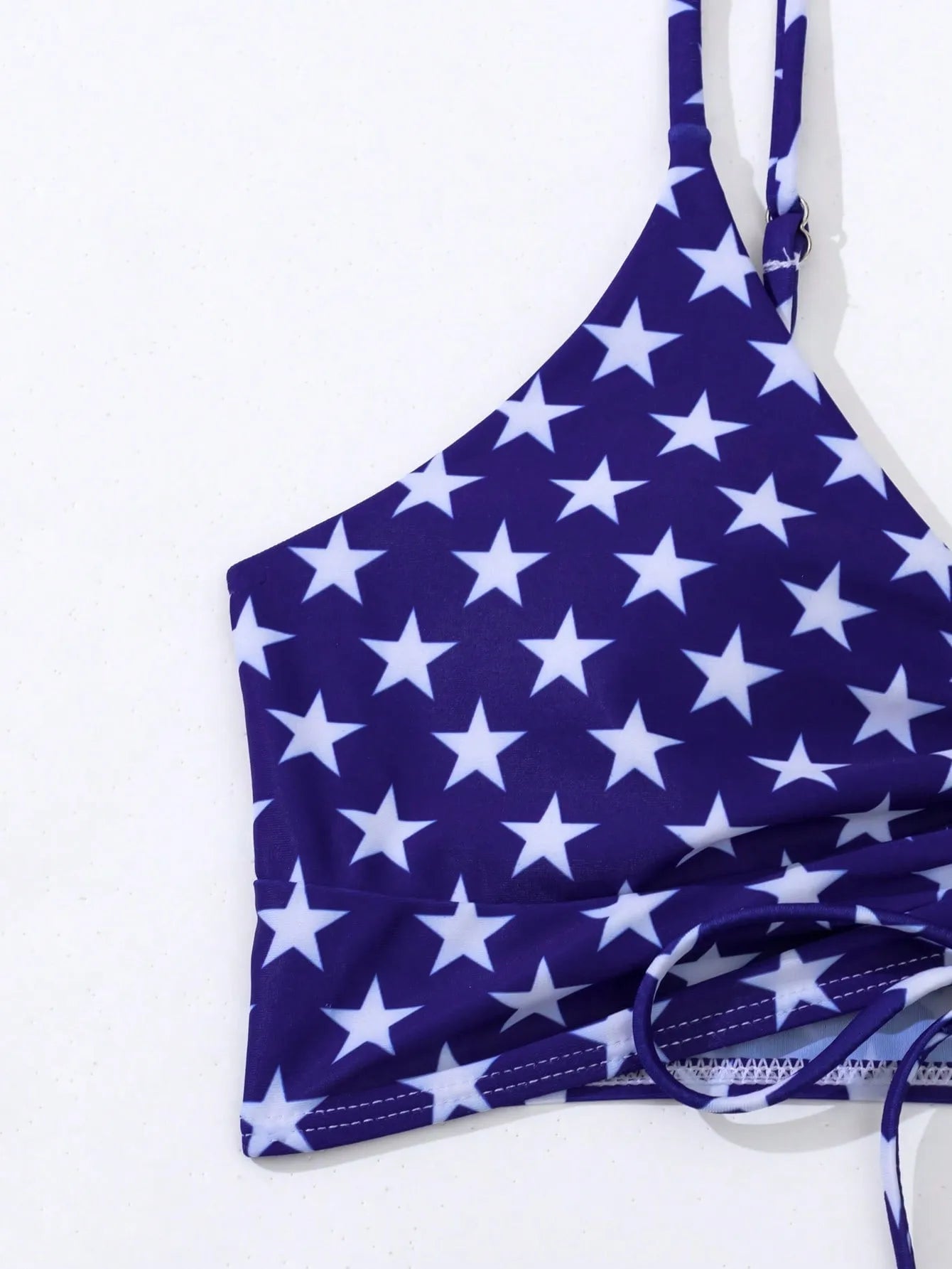 Women's high waist swimsuit briefs with boxer legs and a drawstring waist in a red, white, and blue Stars and Stripes pattern.