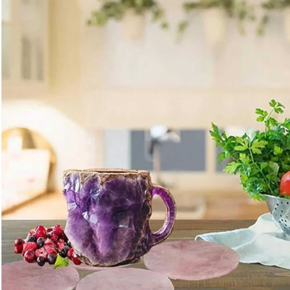 Clear resin mineral crystal coffee mug with handle in a blue colour, showing 400ml capacity.