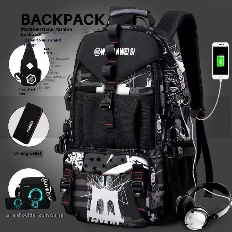 Men's waterproof Oxford cloth hiking backpack with air cushion back system and 56-75 litre capacity