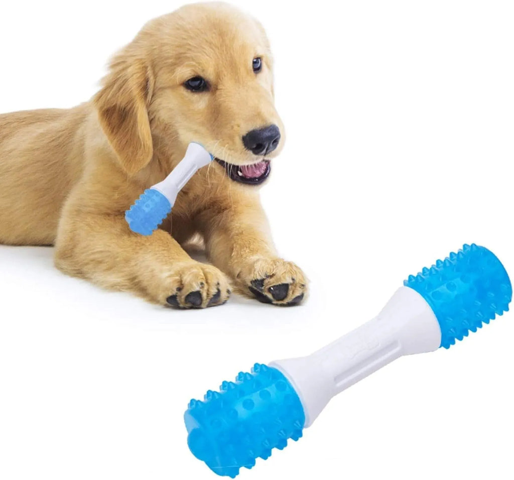 Dual-colour TPR and PU puppy teething chew toy for small to medium dogs.