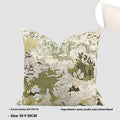 Antique green wool blend cushion cover with abstract spring flowers pattern, shown in square and lumbar sizes.