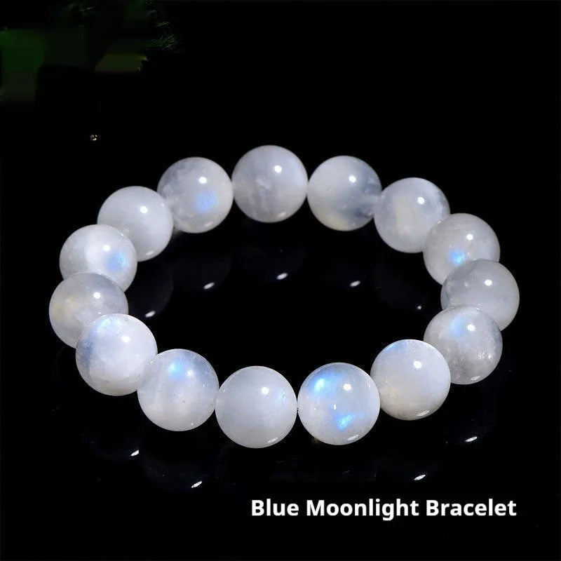 Natural blue moonlight round bead moonstone bracelet with geometric shape on a wrist.