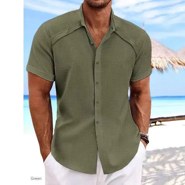 Hawaiian casual short sleeve shirt in solid colour cotton blend fabric