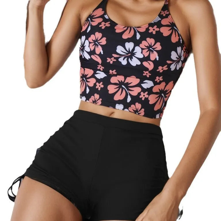 Women's nylon high waist floral backless bikini set in colour FP45BK, sizes S to XL