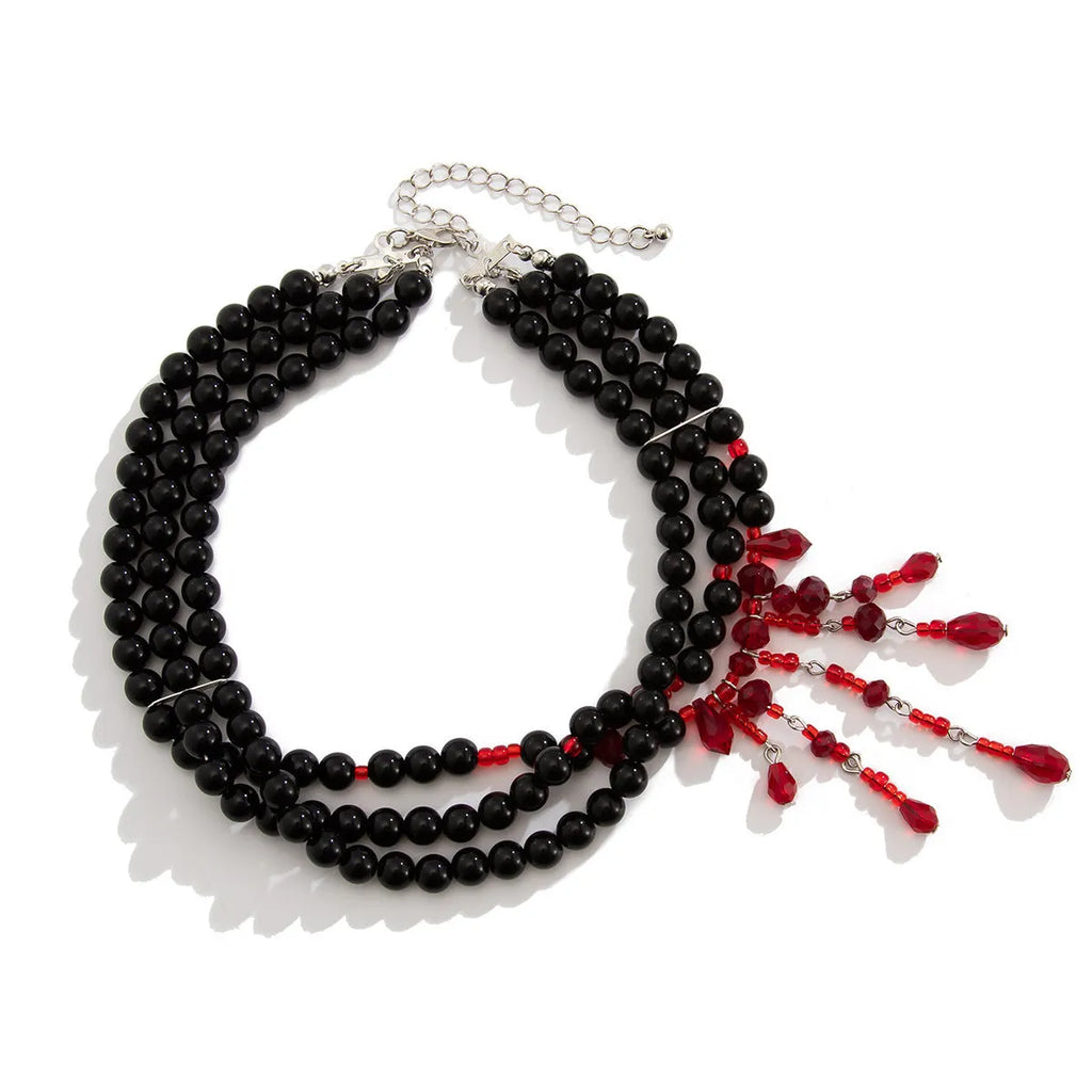 Men's geometric blood drop necklace with crystal and imitation pearl on adjustable chain in red and black colour option