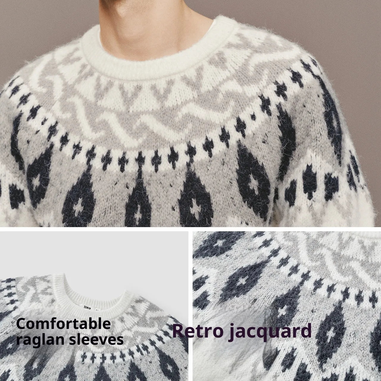 Men's round neck jacquard knitted sweater in brown, synthetic fibre blend, long sleeves, regular thickness
