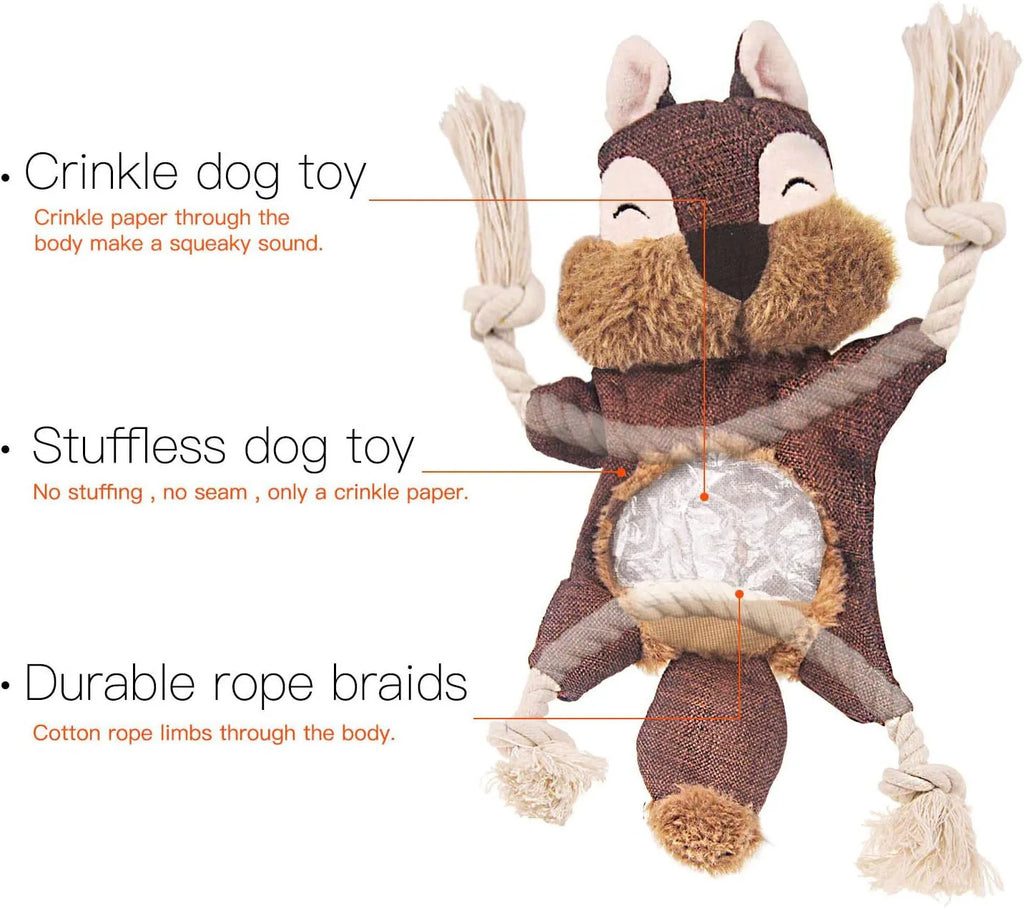Brown fox dog toy with squeaker, crinkle paper sounds, and cotton rope arms for chewing