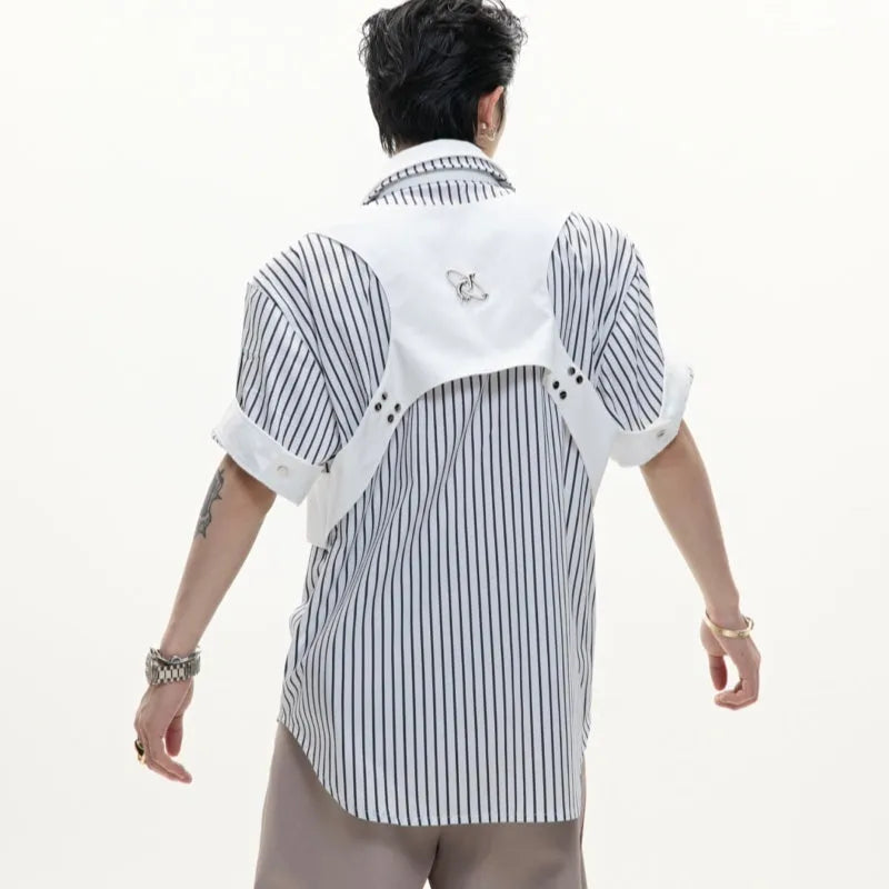 Men's black and white striped cotton short sleeve shirt with lapel collar