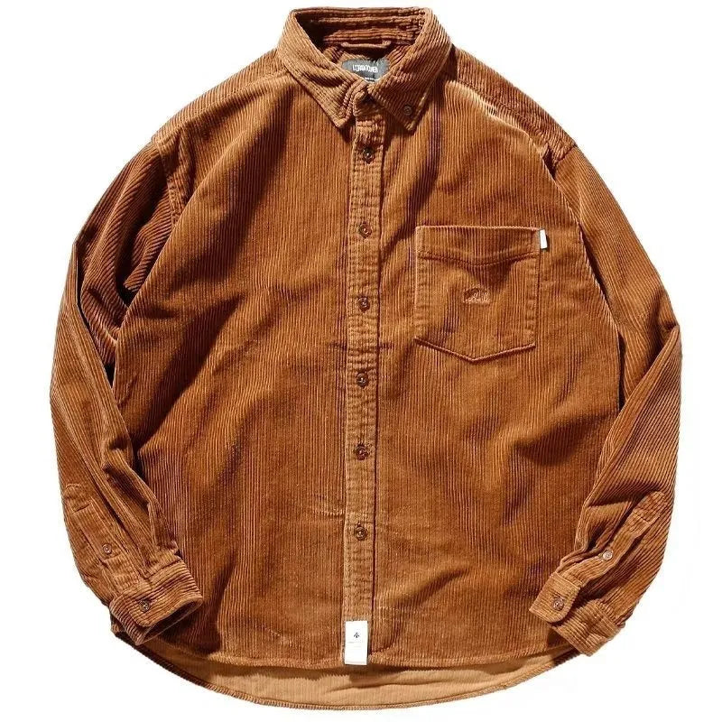 Corduroy loose fit cardigan-style shirt in caramel colour with long sleeves