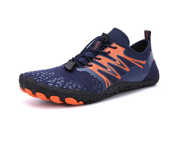 A pair of white outdoor casual lace-up shoes with a rubber sole on a plain background.