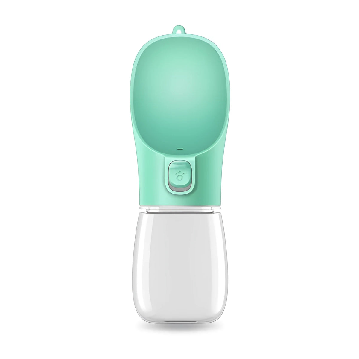 Portable plastic dog water cup in green and white with 380ml capacity and lid on grass