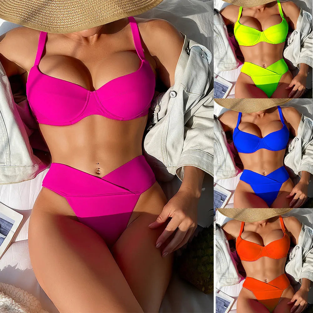 Women's solid colour bikini swimsuit with sleeveless top and briefs bottoms