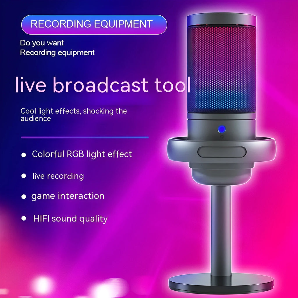 Condenser microphone with RGB lights in black, pink, or white, with a 150cm USB cable.