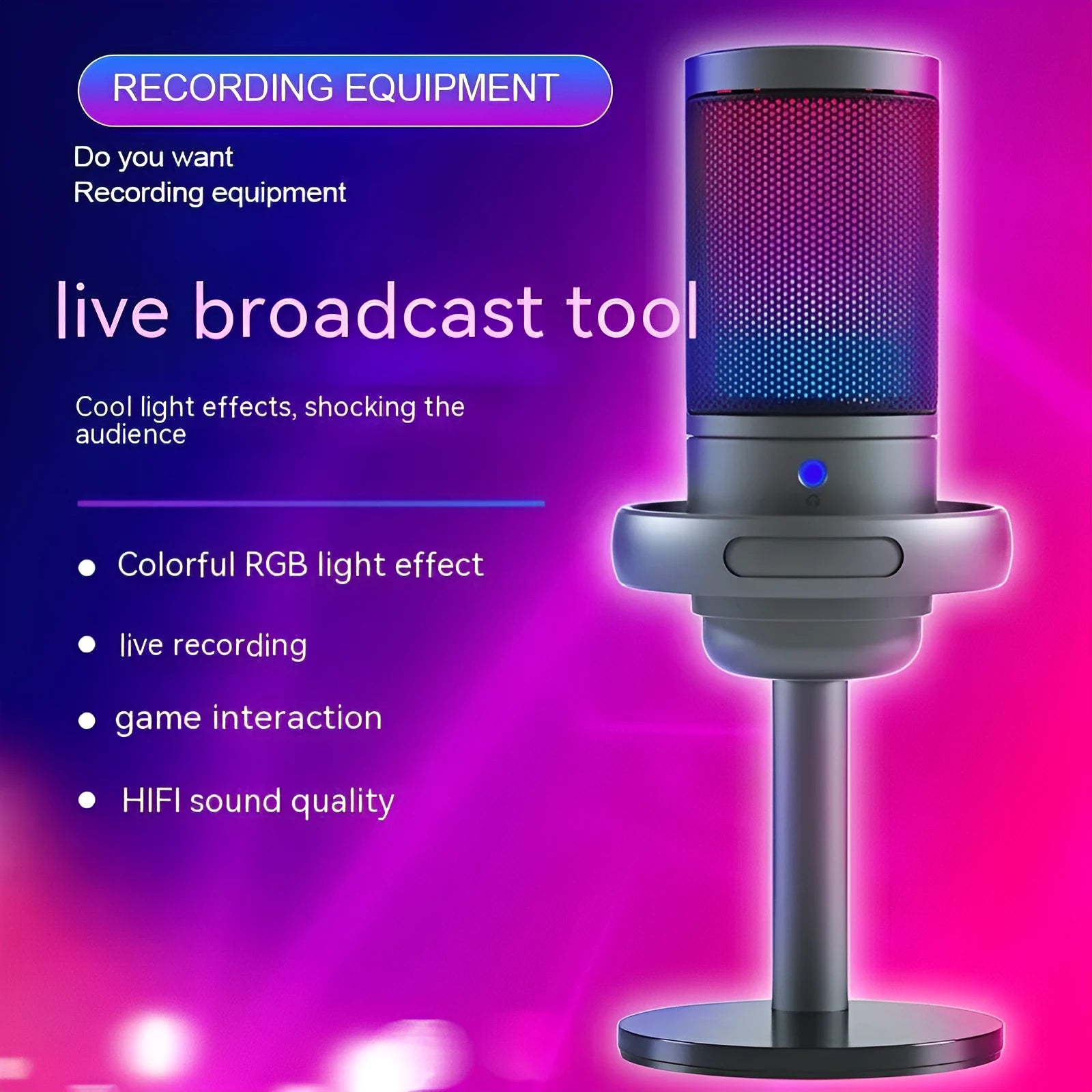 Condenser microphone with RGB lights in black, pink, or white, with a 150cm USB cable.