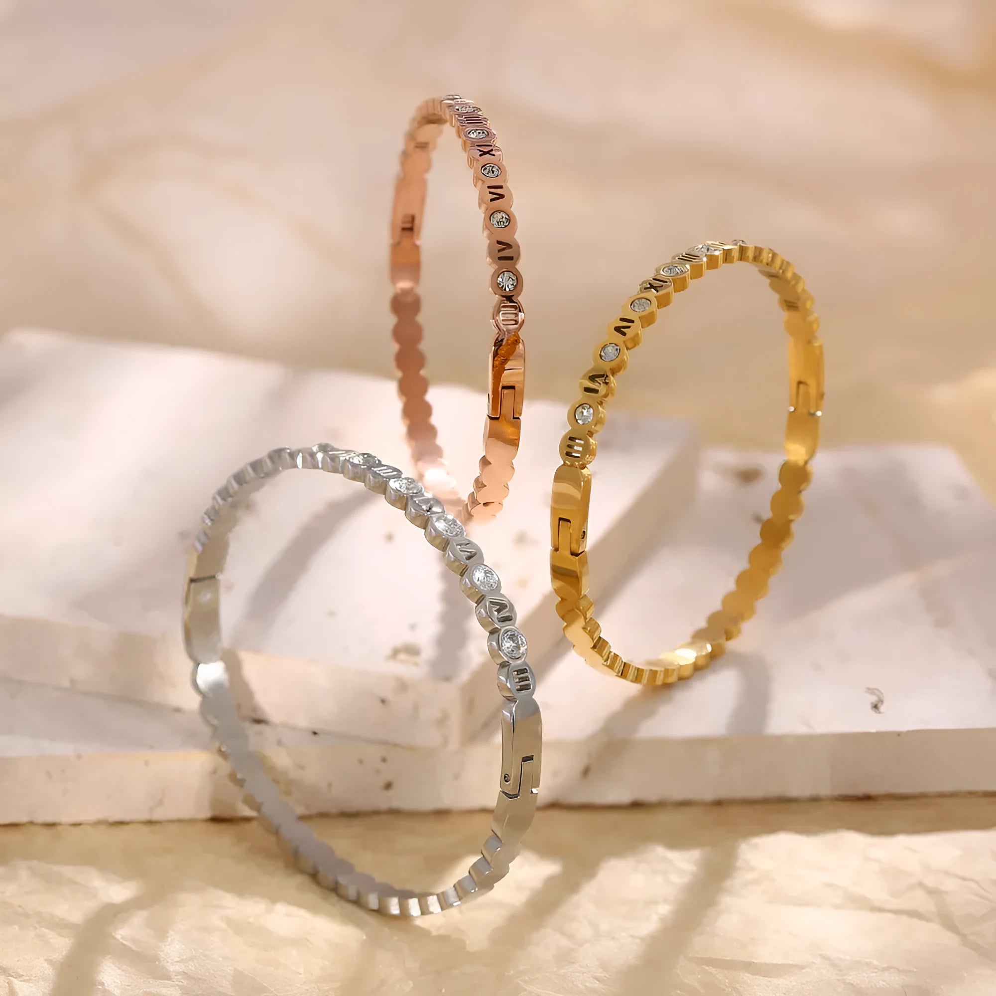Titanium steel bracelet with electroplated gold rose gold steel finishes and numbered Korean style design