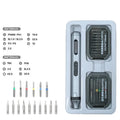 Precision electric screwdriver with aluminium alloy handle showing scale against a ruler.