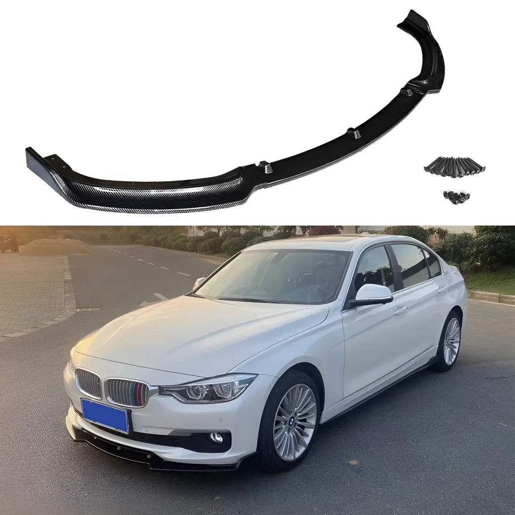 Gloss black polypropylene front bumper lip spoiler for BMW F30 F35 3 Series, shown from a front angle.