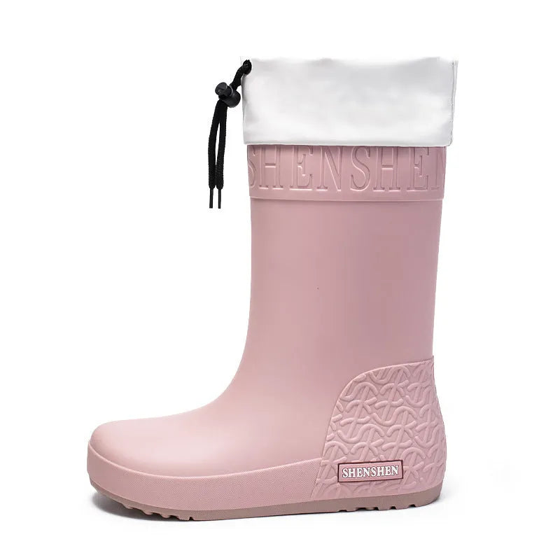 Women's solid colour PVC rain boots with non-slip soles in apricot waterproof mouth