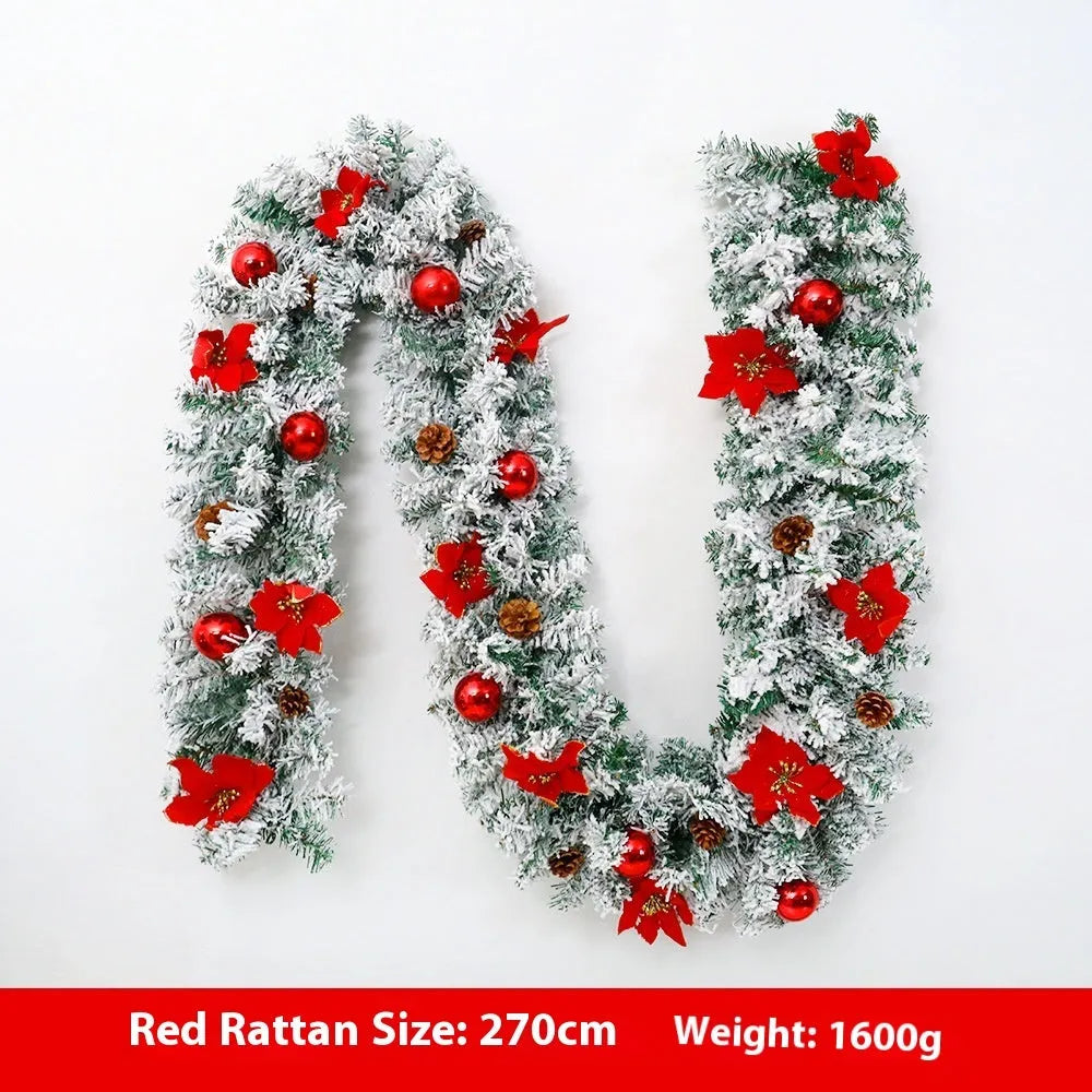 240cm long Christmas rattan garland with white flocking in a choice of five festive colours