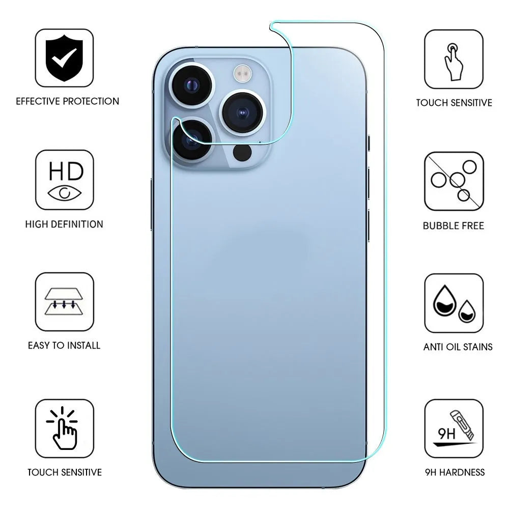 Tempered back glass film for iPhone 12 to 15 series showing rear panel protection