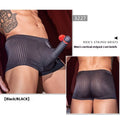 Men's black vertical stripe nylon boxer briefs laid flat