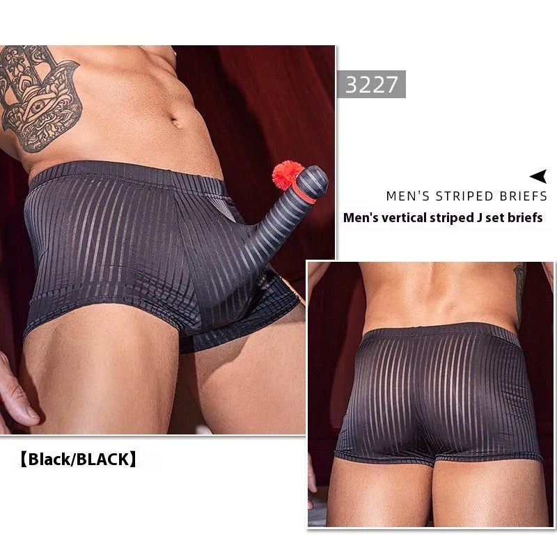 Men's black vertical stripe nylon boxer briefs laid flat