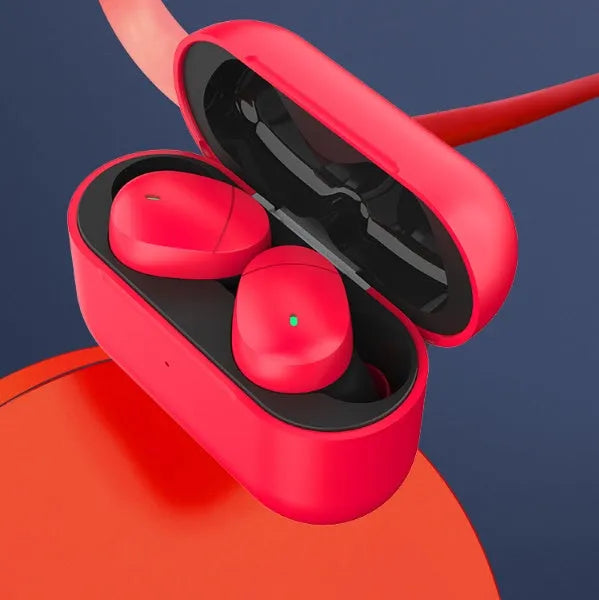 Flame Red Qualcomm TWS 3040 bilateral wireless Bluetooth earphones with charging cable