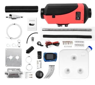 Red and black diesel air heater unit with wiring, oil pump, tank and fittings for vehicle installation.