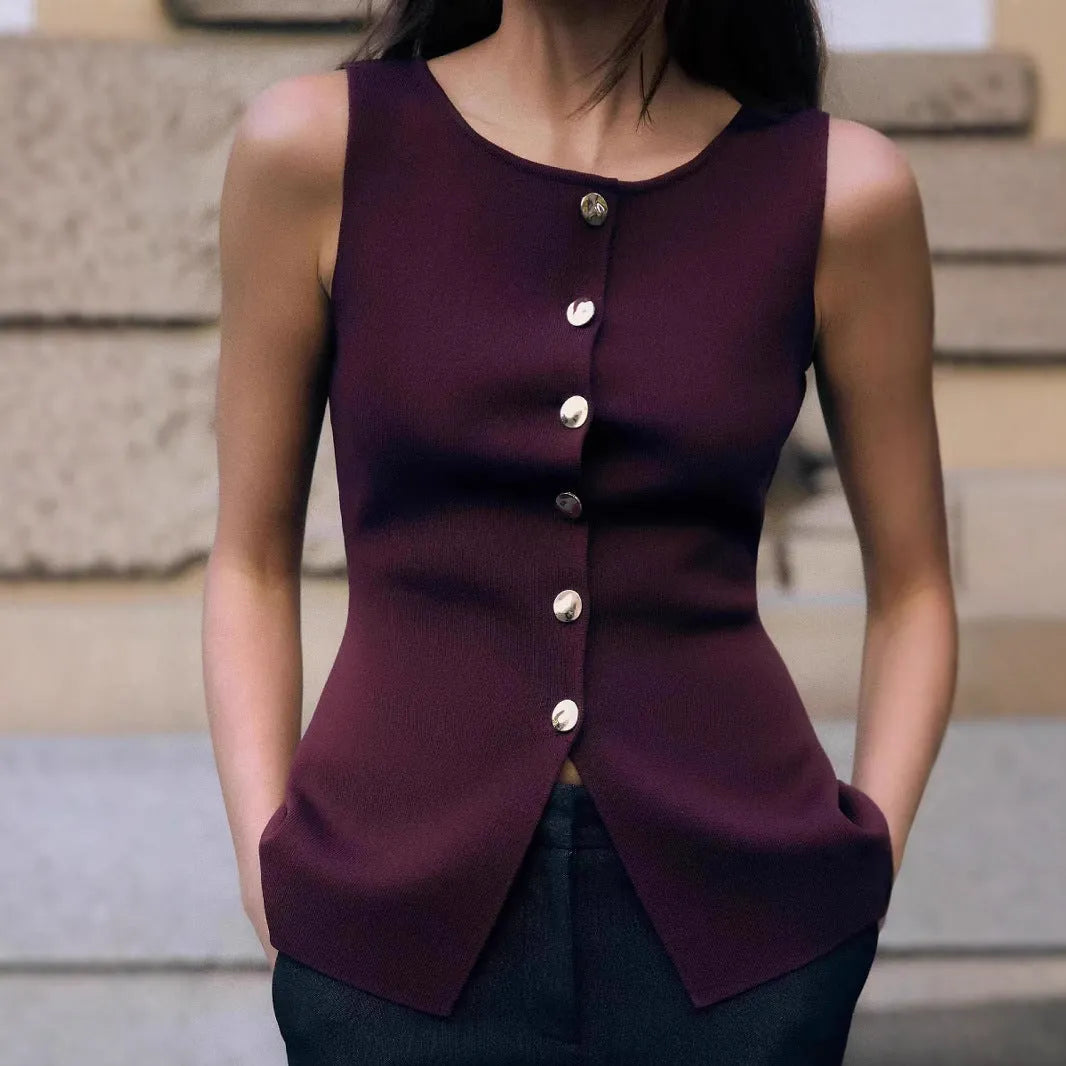 Women's dark red slim fit viscose vest cardigan with 3D textured pattern