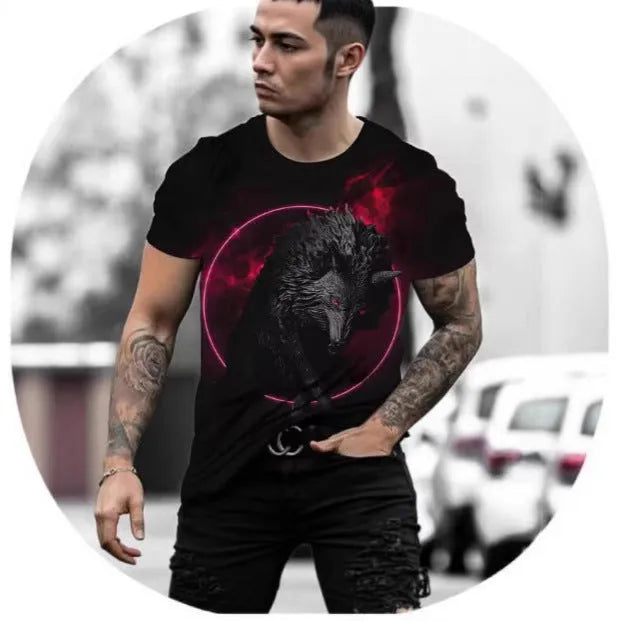 Retro 3D animal graphic printed on a man's thin, light grey short-sleeved T-shirt.