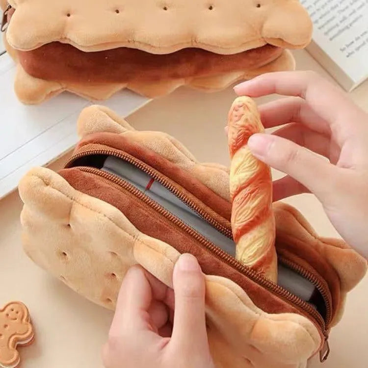 Plush pencil bag with sandwich biscuit design in cartoon style for school storage