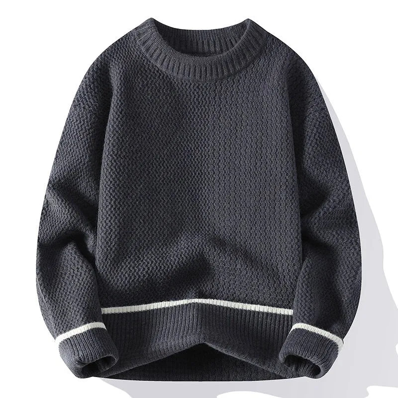 Men's loose fit round neck long sleeve pullover sweater in grey on a hanger