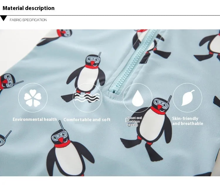Boys' long sleeve penguin print swimsuit and matching swim cap set on a white background.