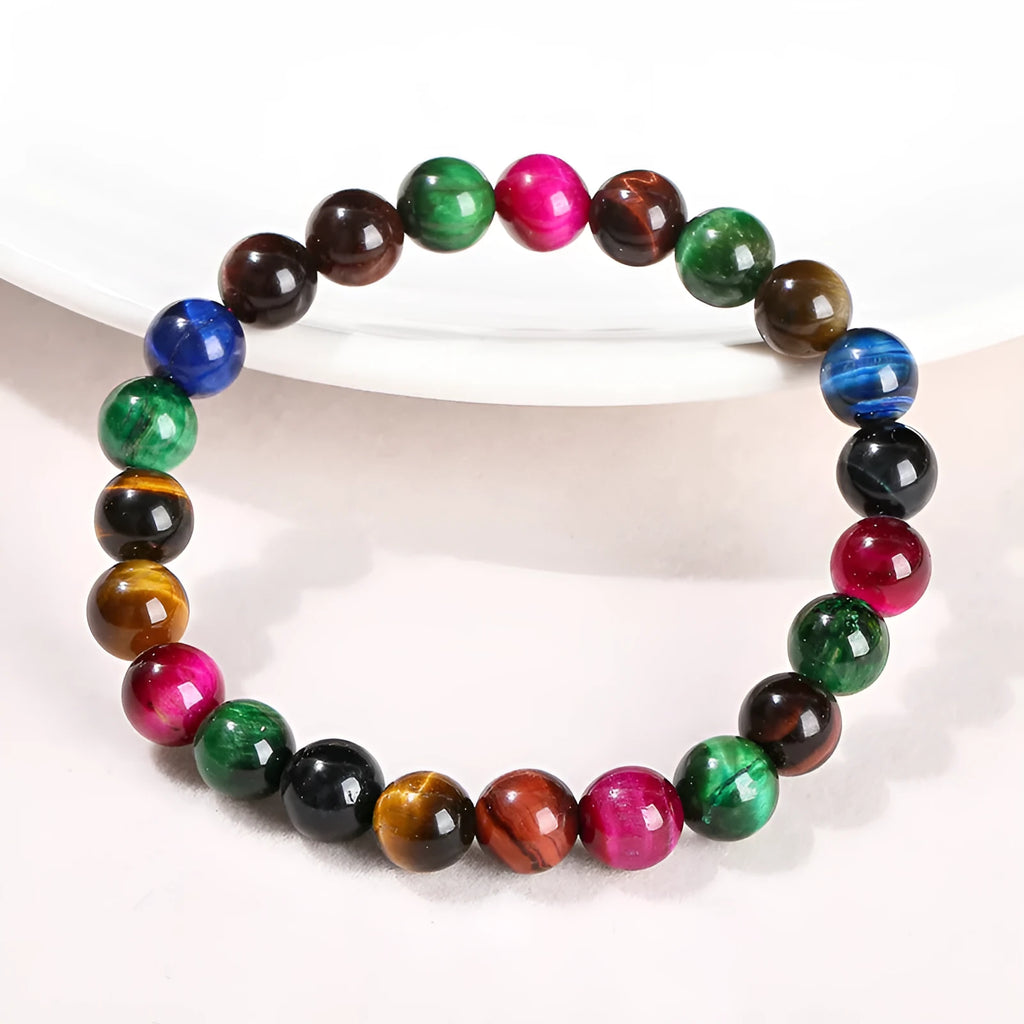 Colourful Tiger Eye stone bead bracelet with mixed string in geometric round design