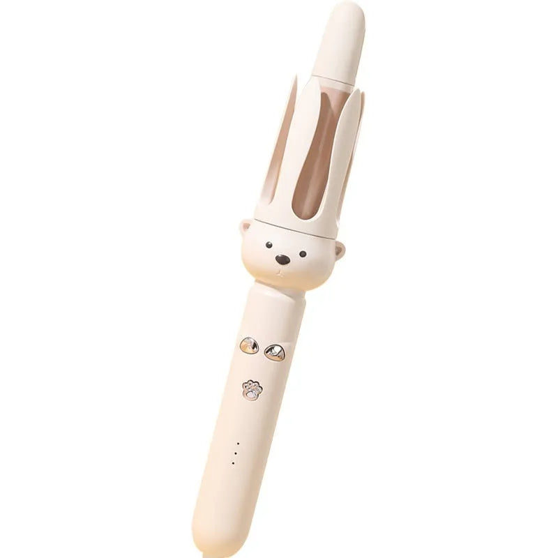Beige anion automatic hair curler with rotating ceramic barrel on stand