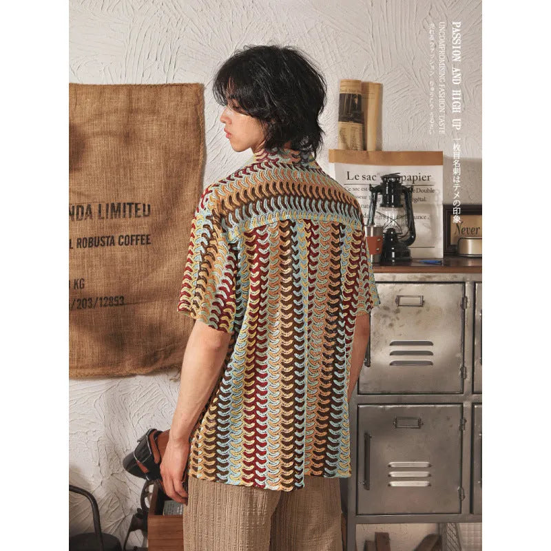Grey and red Japanese style Cuban collar short sleeve shirt with jacquard pattern, shown in slim fit.