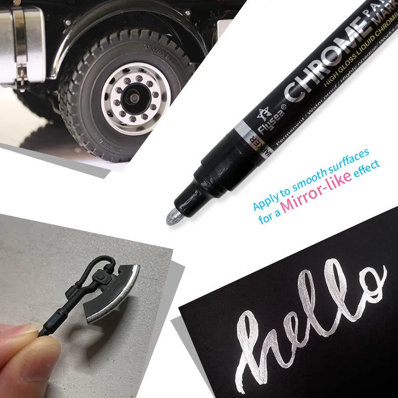 Silver mirror pen with 3.0mm reflective paint tip for writing on glass, metal, plastic, and wood surfaces