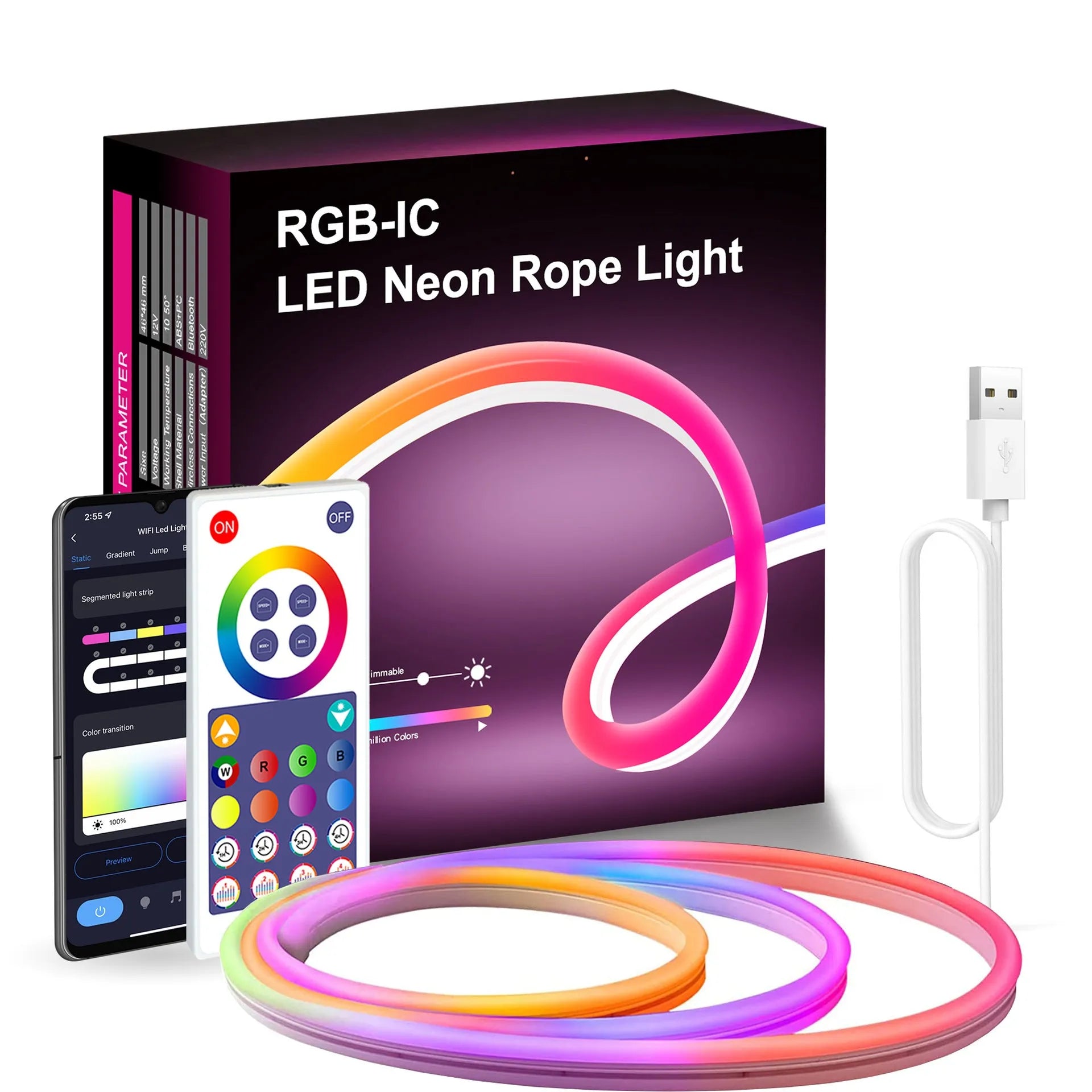 3 metre USB LED neon strip lights with remote control showing RGB colour changing functionality
