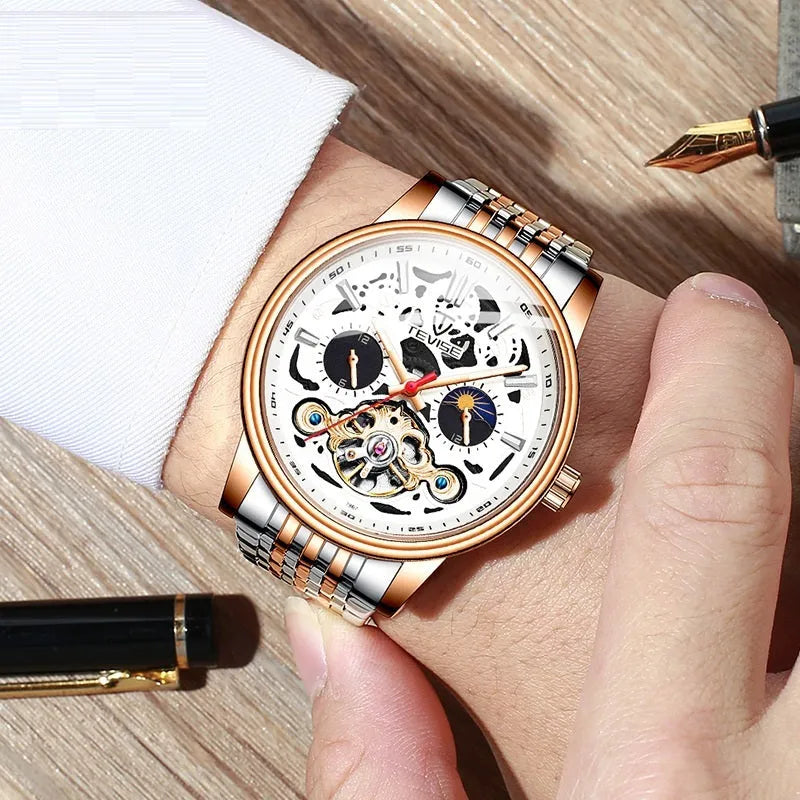 Men's waterproof mechanical watch with luminous tourbillon design in black colour option