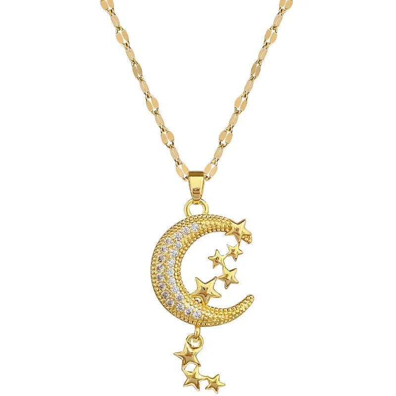 Moon tassel necklace with geometric design and diamond elements on stainless steel chain