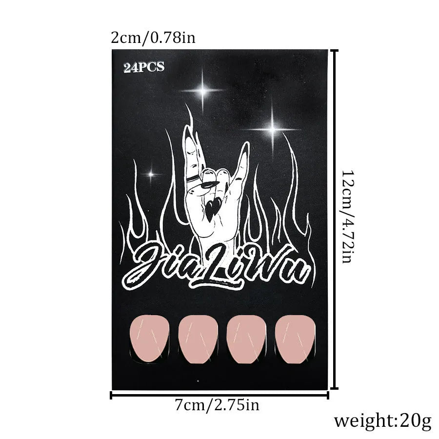 24 black French style false nails with short almond shape arranged on a card