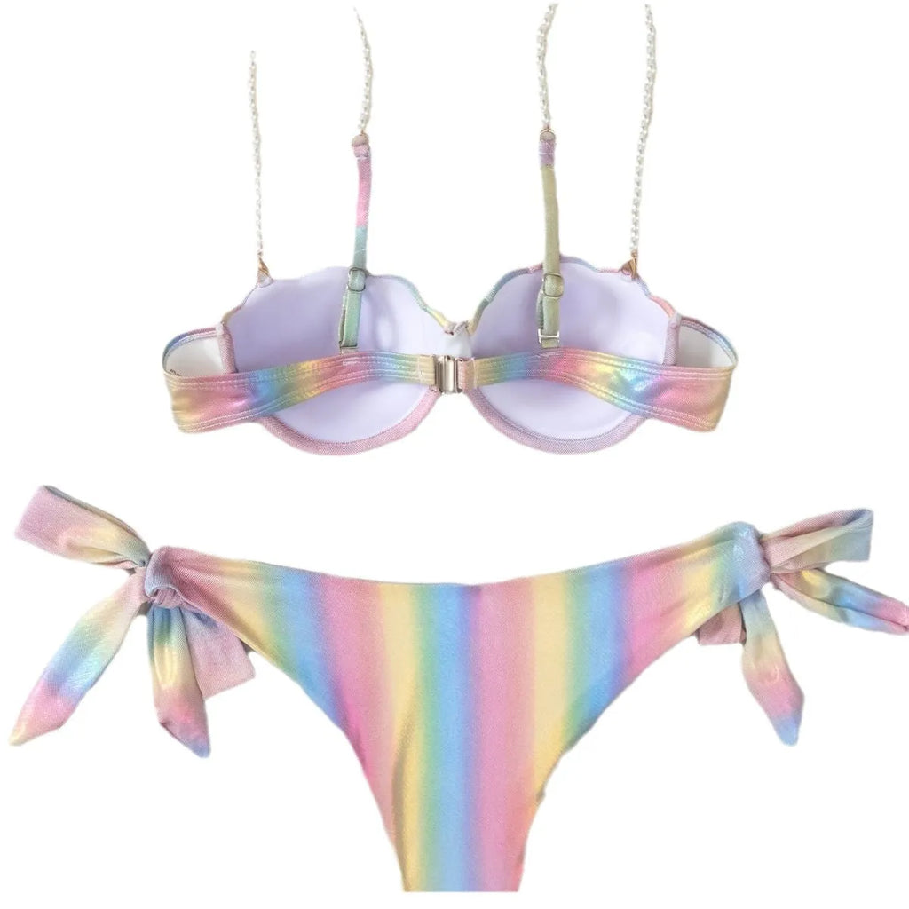 Women's rainbow split tied bikini swimsuit with triangle top and briefs