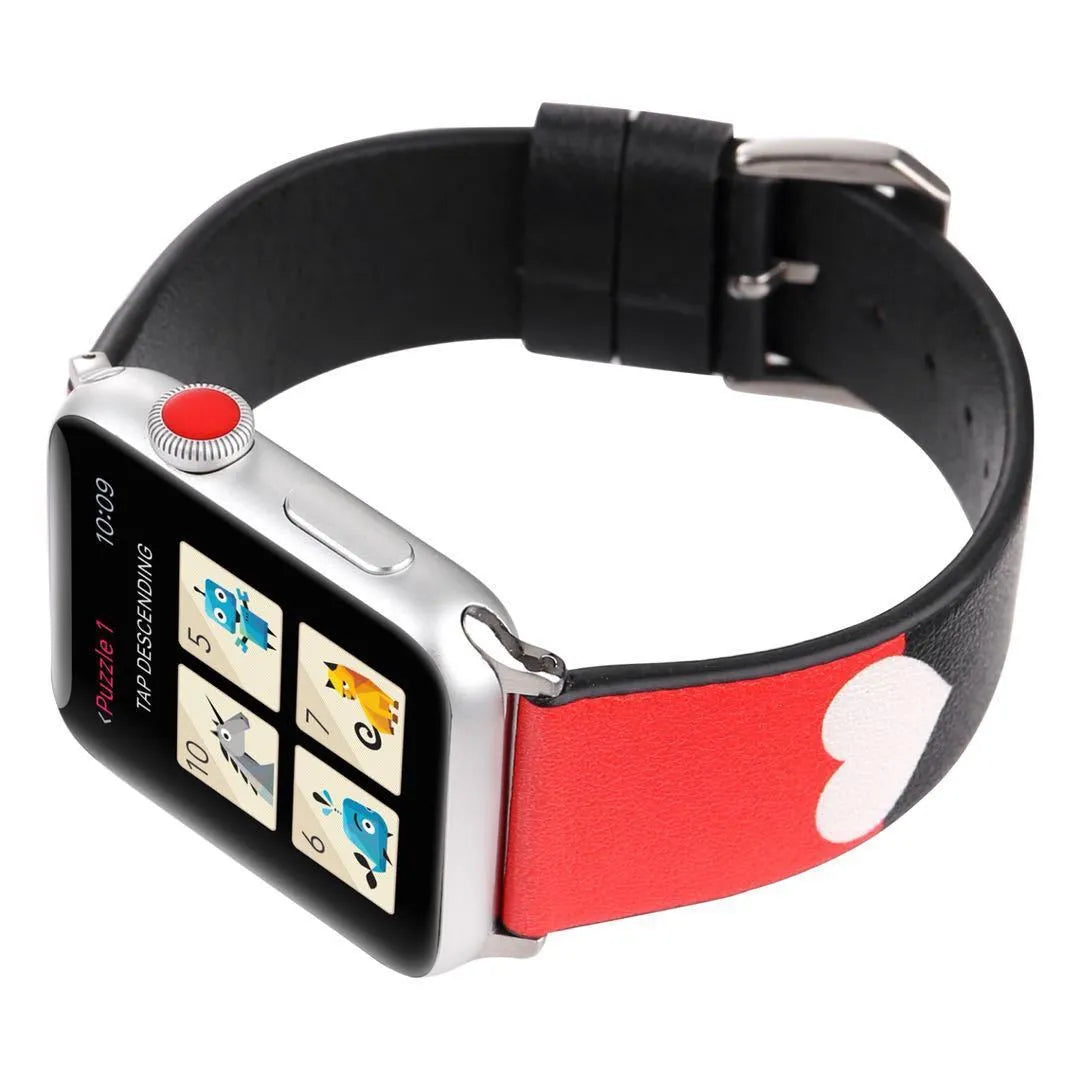 Leather watch strap with red heart on black ground, shown in 38mm, 42mm and 44mm sizes.