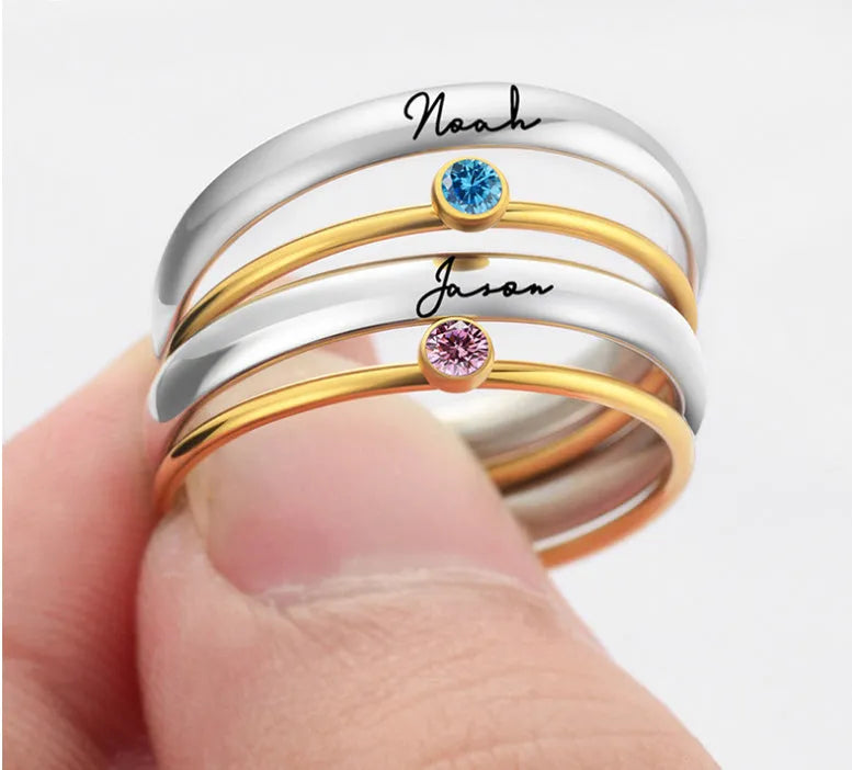December birthstone titanium steel ring with engraved geometric design showing steel lettering and gold accents