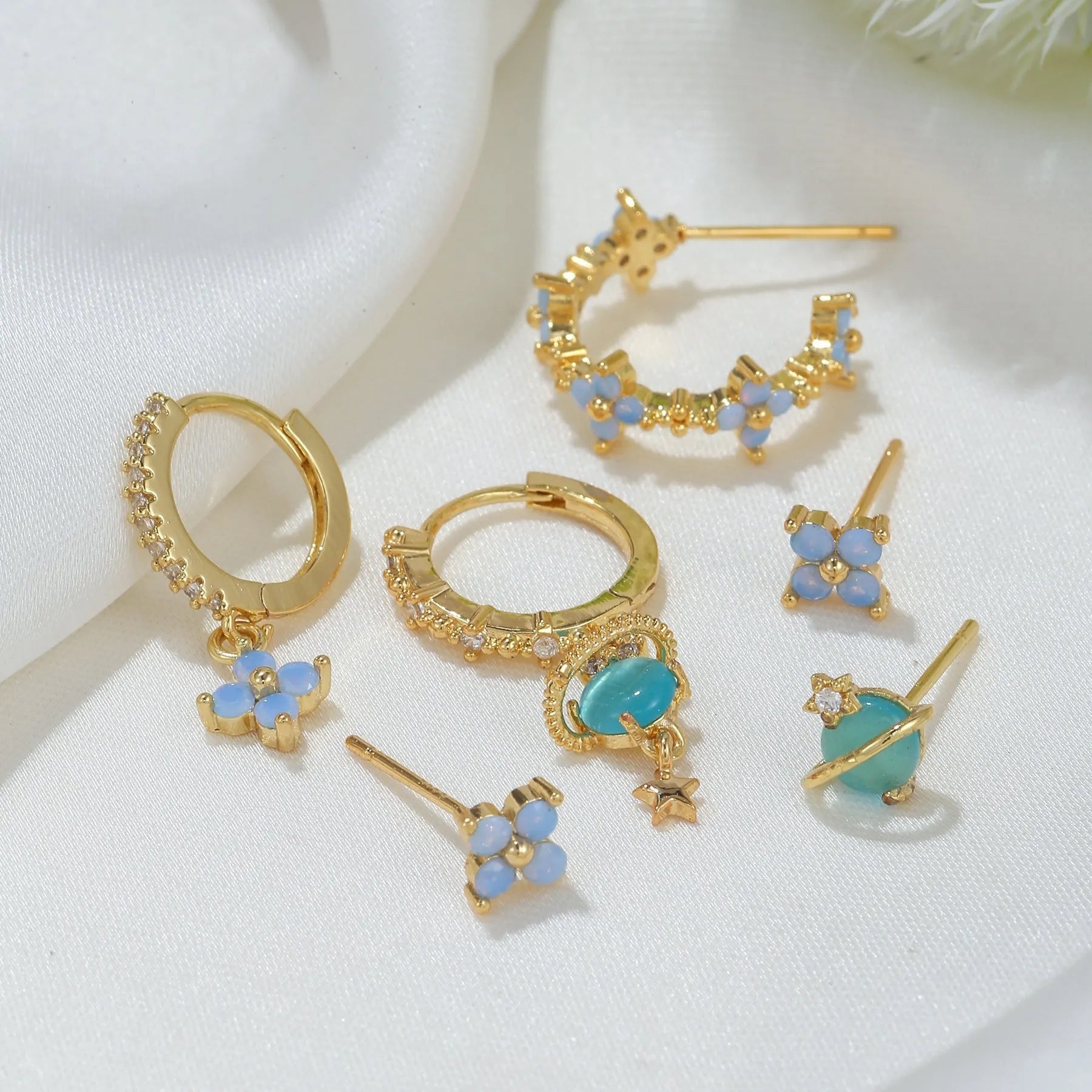 Gold or silver Japanese Korean style flower ear studs with zircon mosaic geometric design